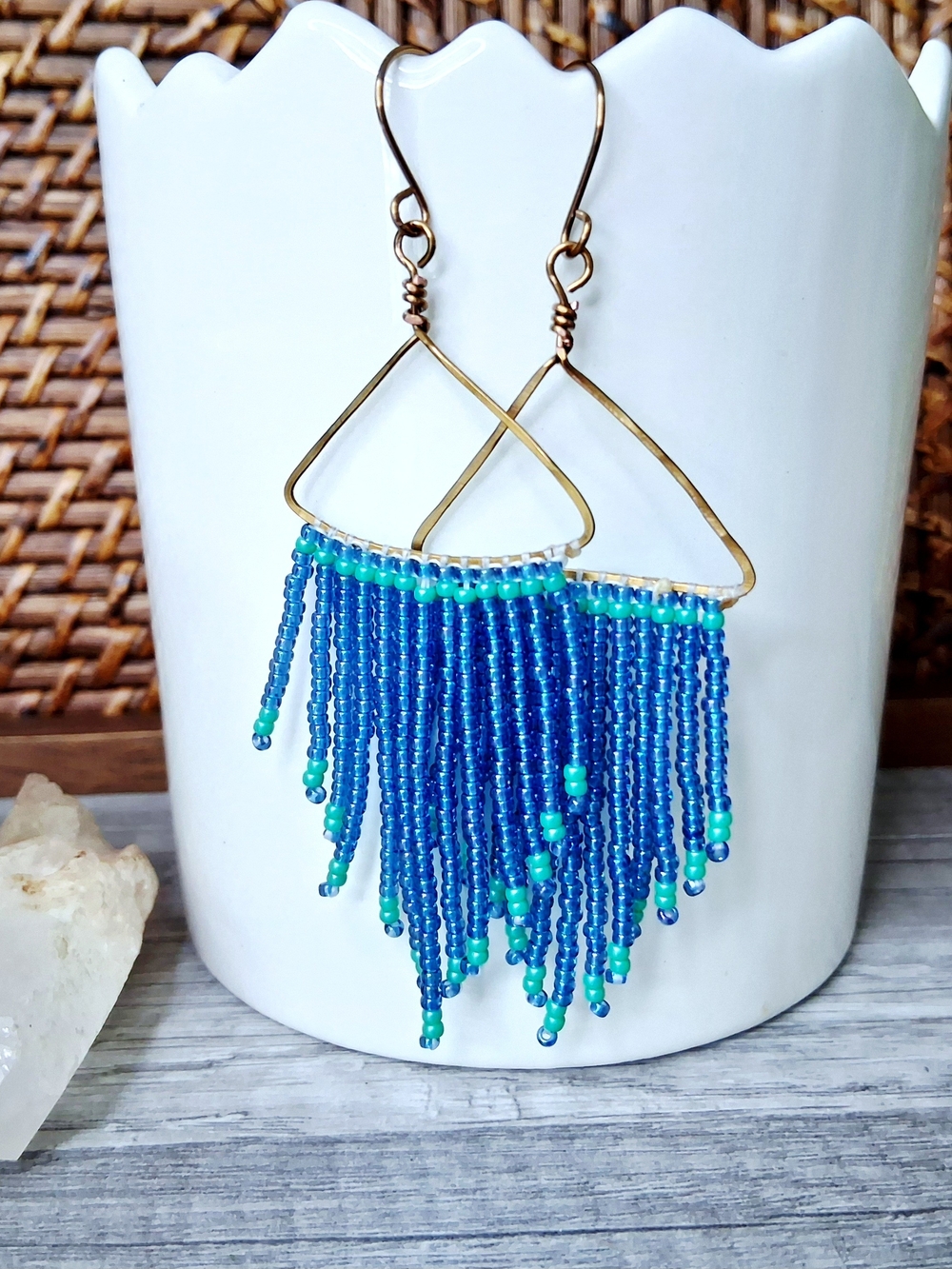 Hammered Bronze Blue and Teal Beaded Fringe Earrings